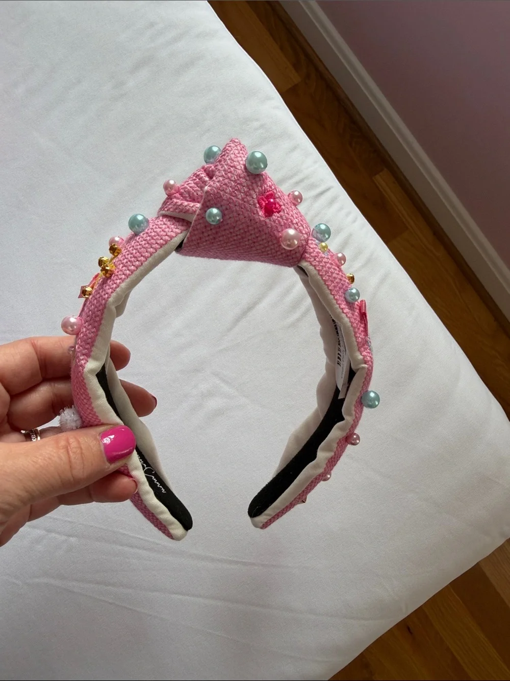 Embellished Pink Padded Headband with Pearls & Cross Detail